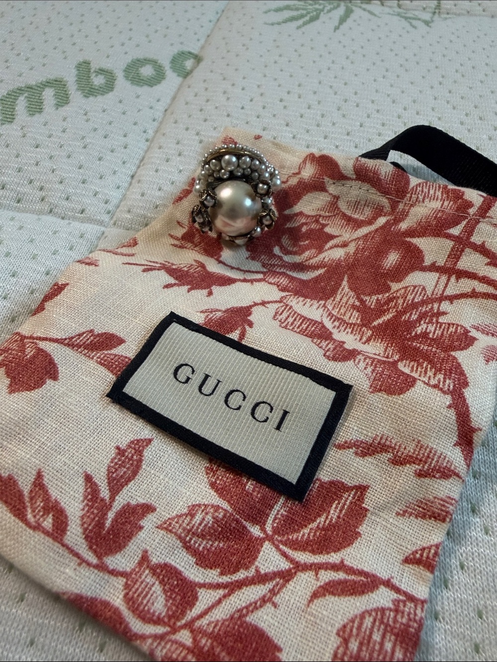 Gucci Pink Floral Key & Card Pouch with Pearl Accent